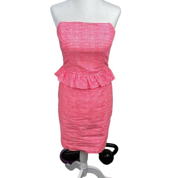 Lilly Pulitzer - Hot Pink Gingham Strapless Bodycon Dress w/ Ruffles Size 0 - Picture 2 of 14